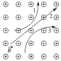 Three particles travel through a region of space where the magnetic field is out of the page,as shown in the figure.The electric charge of each of the three particles is,respectively,   A)  1 is neutral, 2 is negative, and 3 is positive. B)  1 is neutral, 2 is positive, and 3 is negative. C)  1 is positive, 2 is neutral, and 3 is negative. D)  1 is positive, 2 is negative, and 3 is neutral. E)  1 is negative, 2 is neutral, and 3 is positive.