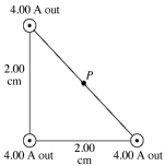 Three very long,straight,parallel wires each carry currents of 4.00 A,directed out of the page as shown in the figure.The wires pass through the vertices of a right isosceles triangle of side 2.00 cm.What is the magnitude of the magnetic field at point P at the midpoint of the hypotenuse of the triangle?   A)  4.42 × 10<sup>-6</sup> T B)  1.77 × 10<sup>-5</sup> T C)  5.66 × 10<sup>-5</sup> T D)  1.26 × 10<sup>-4</sup> T E)  1.77 × 10<sup>-6</sup> T