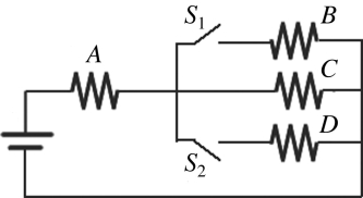 In the circuit shown in the figure,four identical resistors labeled A to D are connected to a battery as shown.S<sub>1</sub> and S<sub>2</sub> are switches.Which of the following actions would result in the GREATEST amount of current through resistor A?   A)  closing both switches B)  closing S<sub>1</sub> only C)  closing S<sub>2</sub> only D)  leaving both switches open as shown.