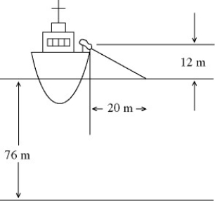 In the figure,a laser positioned on a ship is used to communicate with a small two-man research submarine resting on the bottom of a lake.The laser is positioned 12 m above the surface of the water,and it strikes the water 20 m from the side of the ship.The water is 76 m deep and has an index of refraction of 1.33.How far horizontally is the submarine from the side of the ship?   A)  84.1 m B)  64.1 m C)  104 m D)  74.1 m E)  94.1 m