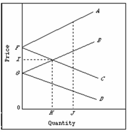   Refer to the above diagram pertaining to two nations and a specific product.Lines FC and GD are: A) domestic supply curves for two countries. B) import demand curves for two countries. C) domestic demand curves for two countries. D) export supply curves for two countries.