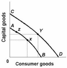   Refer to the above diagram.Realized economic growth is best represented by a: A) shift in the production possibilities curve from y on AB to X on CD. B) move from X on AB to y on CD. C) shift in the production possibilities curve from CD to AB. D) move from X to z along AB.