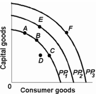   Refer to the above diagram.Which one of the following would shift the production possibilities curve from PP<sub>1</sub> to PP<sub>2</sub> A) immigration of skilled workers into the economy B) worsening of the AIDS epidemic C) an increase in consumer prices D) a reduction in the age of retirement.