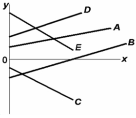   Refer to the above diagram.Which line(s)  show(s)  a positive vertical intercept? A) A and D only B) B and C only C) A, D, and E D) A, D, and B