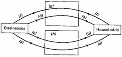 In the below circular flow diagram, the household and business sectors are labelled with arrows representing the flows of income and output labelled (a) through (f) and the two appropriate markets labelled (g) and (h).Supply the correct descriptive titles for each of these labels (a) through (h).