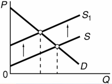 Refer to the diagram in which S is the market supply curve and S<sub>1</sub> is a supply curve comprising all costs of production, including external costs.Assume that the number of people affected by these external costs is large.If the government wishes to establish an optimal allocation of resources in this market, it should:   A) not intervene because the market outcome is optimal. B) subsidize consumers so that the market demand curve shifts leftward. C) subsidize producers so that the market supply curve shifts leftward (upward) . D) tax producers so that the market supply curve shifts leftward (upward) .