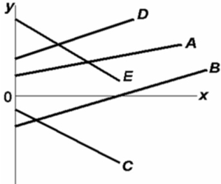   Refer to the above diagram.Which line(s)  show(s)  a negative relationship between x and y? A) A only B) both A and D C) A, B, and D D) both C and E