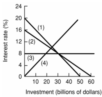 Assume that if the interest rate that businesses must pay to borrow funds were 20 percent, it would be unprofitable for businesses to invest in new machinery and equipment so that investment would be zero.But if the interest rate were 16 percent, businesses would find it profitable to invest $10 billion.If the interest rate were 12 percent, $20 billion would be invested.Assume that total investment continues to increase by $10 billion for each successive 4 percentage point decline in the interest rate.Refer to the above information.Which of the following is the correct graphical presentation of the indicated relationship?   A) line 4 B) line 3 C) line 2 D) line 1