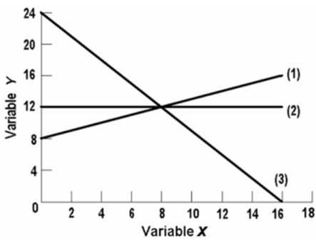   The linear equation for line (1)  on the above graph is: A) y = 8 + 2x. B) y = 8 + .5x. C) x = 8 + .5y. D) y = 8 - 2x.