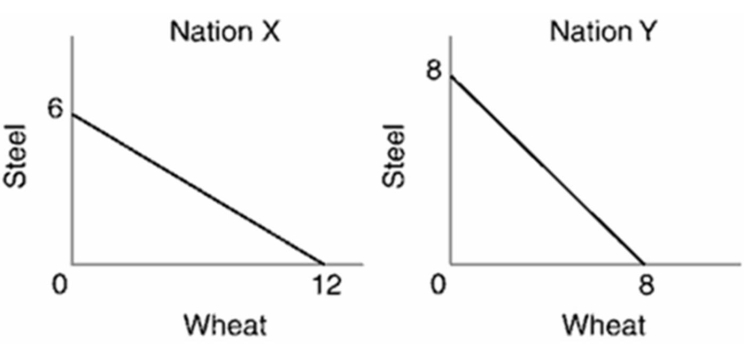 Given the data in the graph below, which nation should specialize in steel production and which nation in wheat production? Why?  