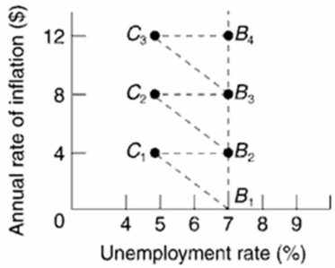 Answer the questions based on the following diagram.   (a) Assume the economy is initially at point B1 and there is an increase in aggregate demand, which results in a 4% increase in prices.Describe the short-run and long-run outcomes that would result in this economy.(b) Assume the economy is initially at point B2, and there is an increase in aggregate demand.What will happen in the economy? Explain, using the graph.(c) Based on this diagram, what would the prediction be for the natural (full-employment) rate of unemployment?