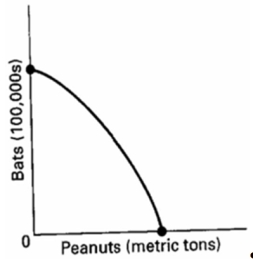 Look at the following production possibilities curve illustrating the possibilities in Sluggerville for producing bats and/or peanuts with the existing level of resources and technology.  