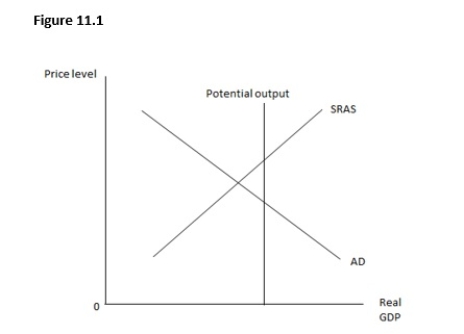 Figure 11.1 shows the relationship between the price level and the real GDP.Which of the following sets of policies would unambiguously move the economy to full employment?   A) Increase in government purchases,increase in taxes,and decrease in transfer payments B) Decrease in government purchases,increase in taxes,and decrease in transfer payments C) Increase in government purchases,decrease in taxes,and increase in transfer payments D) Increase in government purchases,increase in taxes,and increase in transfer payments E) Decrease in government purchases,decrease in taxes,and decrease in transfer payments