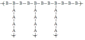 Exhibit 31-3 Classify each polymer below as step-growth or chain-growth.20.   ANSWER: chain-growth POINTS: 1 21.   ANSWER: chain-growth POINTS: 1 22.   ANSWER: step-growth POINTS: 1 23.   ANSWER: step-growth POINTS: 1 Exhibit 31-4 Draw the structure of the polymers obtained from the following reactions. 24.   ANSWER:   POINTS: 1 25.   ANSWER:   POINTS: 1 26.   ANSWER:   POINTS: 1 27.   ANSWER:   POINTS: 1 28.   ANSWER:   POINTS: 1 -Monomer A is copolymerized with Monomer B and is found to have the following structure:   The type of copolymer formed is: A)  a random copolymer B)  an alternating copolymer C)  a block copolymer D)  a graft copolymer