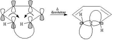 Thermal electrocyclic opening of the cis-substituted cyclobutene yields (1E, 3Z, 5Z)-cyclodecatriene (X). Symmetry-allowed thermal cyclization of the cyclodecatriene occurs in a disrotatory fashion to yield the observed compound Y.