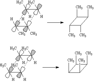   This reaction occurs with suprafacial stereochemistry that would be expected for a photochemical [2 + 2] cycloaddition. However, suprafacial cycloaddition can occur in two different ways⎯with the methyl groups of both alkenes on the same side or on opposite sides.