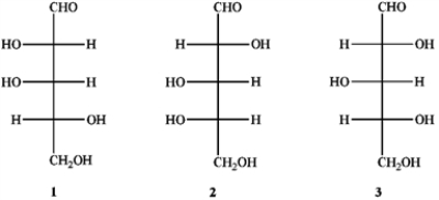 Which of the following has a D-configuration?   A)  only 1 and 2 B)  only 1 and 3 C)  only 2 and 3 D)  only 1, 2 and 3