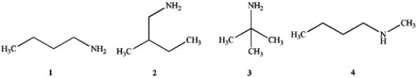 Which of the following compounds are primary (1°)  amines?   A)  1 and 2 B)  1 and 3 C)  1, 2 and 3 D)  1, 2, 3 and 4
