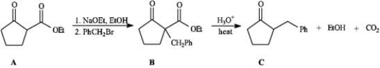 Consider the reaction sequence below to answer the following question(s) .   -Refer to instructions. Conversion of A into B is a type of reaction termed _____. A)  an acylation B)  an enolation C)  an alkylation D)  a phenylation