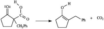Consider the reaction sequence below to answer the following question(s).   -Refer to instructions. Conversion of B into C involves hydrolysis of the ester followed by decarboxylation. On the structures provided below, show the electron flow for the decarboxylation step.  
