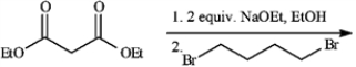 Give the major organic product(s) of each reaction or sequences of reactions for the following question(s). Show all relevant stereochemistry. -Refer to instructions. a)Give major product(s):   b)Why are two equivalents of Na<sup>+</sup> OEt− required?