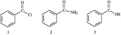 What is the correct assignment of the names of the following substituted benzenes?   A)  1 = benzoyl chloride; 2 = benzyl amine; 3 = benzyl alcohol B)  1 = benzyl amine; 2 = benzoyl chloride; 3 = benzamide C)  1 = benzamide; 2 = benzoyl chloride; 3 = benzoic acid D)  1 = benzoyl chloride; 2 = benzamide; 3 = benzoic acid
