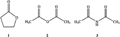 Which of the following is the correct assignment of the classes of the following compounds?   A)  1 = lactone; 2 = ester; 3 = amide B)  1 = ester; 2 = ester; 3 = imide C)  1 = ester; 2 = imide; 3 = amide D)  1 = lactone; 2 = anhydride; 3 = imide