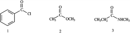 What is the correct assignment of the functional groups in the following compounds?   A)  1 = acid chloride; 2 = ester; 3 = nitrile B)  1 = carboxylic acid; 2 = ester; 3 = imide C)  1 = acid chloride; 2 = ester; 3 = amide D)  1 = acid anhydride; 2 = ester; 3 = imide
