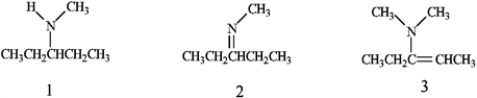 What is the correct assignment of the functional groups in each of the following compounds?   A)  1 = amine; 2 = imine; 3 = enamine B)  1 = enamine; 2 = imine; 3 = amine C)  1 = imine; 2 = enamine; 3 = amine D)  1 = amine; 2 =enamine; 3 = imine