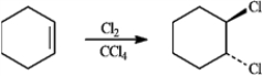 To answer the question(s) below, consider the following reaction: When cyclohexene reacts with chlorine in tetrachloromethane, the trans-dihalide is formed.   -Refer to instructions. Write the complete, stepwise mechanism for this reaction. Show all intermediate structures and all electron flow using arrows.