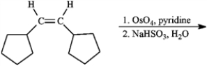 Predict the products of each reaction below. Indicate regiochemistry and stereochemistry when relevant. -Predict and indicate: a)   b)If the product of the above reaction were subsequently treated with periodic acid (HIO<sub>4</sub>), write the formula for the product formed.