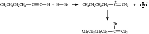 On the structures provided, draw arrows showing the electron flow in the reaction mechanism for the electrophilic addition of hydrogen bromide to hex-1-yne.  