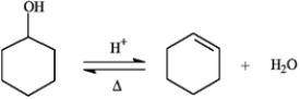 The reaction below is commonly used as a laboratory preparation of cyclohexene. Use this reaction to answer the following question(s) .   -Refer to instructions. If this reaction under a given set of conditions has a K<sub>eq</sub> value of 5.67, what percent conversion to the product would be expected? A)  85% B)  5.67% C)  17% D)  15% E)  nearly 100%