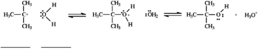 Use the second and third steps of the reaction of 2-bromo-2-methylpropane with water, shown below, to answer the following question(s).   -Refer to instructions. Draw arrows on the structures above showing electron flow in steps two and three of this reaction.