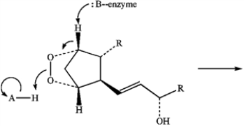 In the reaction below: a)Label the nucleophile (Nu) and the electrophile (E). b)Draw arrows on the structures showing electron flow in the reaction. -Predict the product of the following reaction of Prostaglandin H<sub>2</sub> by interpreting the flow of electrons as indicated by the curved arrows.  