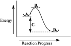 Use the reaction energy diagram below to answer the following question(s) .   -The free-energy change for the reaction is indicated at _____ on the diagram. A) A B) B C) C D) D