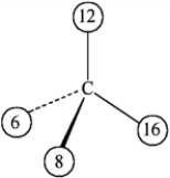 Place asterisks at all the chirality centers in each molecule below. -The numbers on the carbon center of the following molecule represent atomic numbers.   The molecule is in A)  the R configuration. B)  the S configuration. C)  The carbon is not a chiral center in this molecule. D)  The exact configuration cannot be determined without knowing additional atomic numbers.