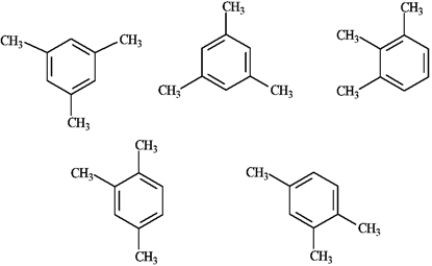 Among the following structures, how many different compounds are represented?   A)  5 B)  4 C)  3 D)  2 E)  1