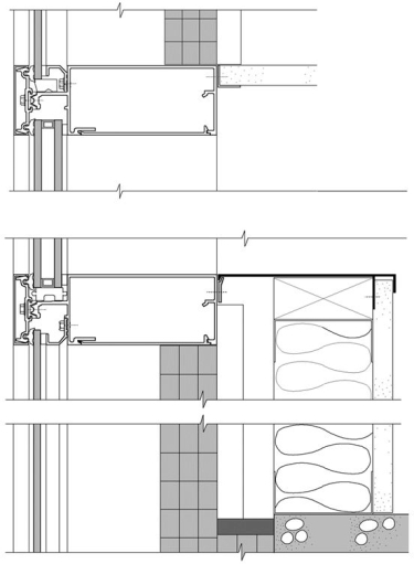 The underlying sketch shows a detailed vertical section through a pressure- plate captured glass- aluminum curtain wall. Using leader lines and labels, identify the following elements in the section: (i)ceiling, (ii)insulatio interior floor slab, (iv)rail (v)aluminum stool at sill level.   