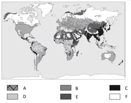 Labeling    -In the accompanying world food production map, choose the location that principally involves intensive traditional agriculture.