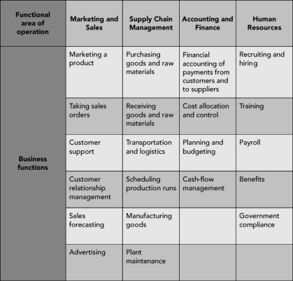 Choose an example company and give situations for each business process in the accompanying figure.Depending on your major or interest,choose one functional area of operation.     Figure 1-1 Examples of functional areas of operation and their business functions