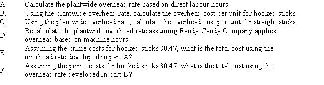 Randy Candy Company produces candy sticks (hooked and straight).Both products pass through two producing departments.The hooked stick's production is much more labour-intensive than the straight stick.The straight stick is also more popular.The following data have been gathered for the two products: Total overhead costs equal $400,000.Randy Candy applies overhead based on direct labour hours.     