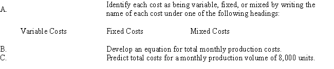  Churchill Company has the following information available regarding costs at various levels of monthly production: Required:   \begin{array}{lrr} \text { Production volume } & 7,000 & 10,000 \\ \text { Direct materials } & \$ 70,000 & \$ 100,000 \\ \text { Direct labour } & 56,000 & 80,000 \\ \text { Indirect materials } & 21,000 & 30,000 \\ \text { Supervisors' salaries } & 12,000 & 12,000\\\text { Depreci ation on plant } & 10,000 & 10,000 \\ \text { Maintenance } & 32,000 & 44,000 \\ \text { Utilities } & 15,000 & 21,000 \\ \text { Insurance on plant and equipment } & 1,600 & 1,600 \\ \text { Property taxes on plant } & 2,000 & 2,000 \\ \text { Total } & \$ 219,600 & \$ 300,600 \\ \end{array}    