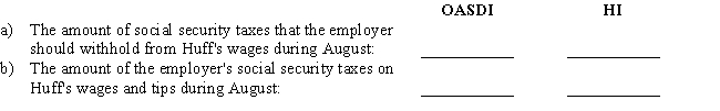 Refer to Instruction 3-1.On August 1,Huff (part-time waitress)reported on Form 4070 the cash tips of $158.50 that she received in July.During August,Huff was paid wages of $550 by her employer.Determine: