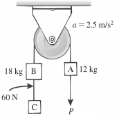 Three blocks,light connecting ropes,and a light frictionless pulley comprise a system,as shown in the figure.An external force of magnitude P is exerted downward on block A,causing block A to accelerate downward at a constant 2.5 m/s<sup>2</sup>.The rope connecting block B and block C exerts a 60-N force. (a)What is the magnitude of the force P? (b)What is the mass of block C?  