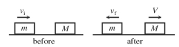  A block of mass m = 5.6 kg,moving on a frictionless surface with a velocity of  v _ { \mathrm { i } } = 6.5 \mathrm {~m} / \mathrm { s }  to the right,collides with a block of mass M at rest,as shown in the figure.After the collision,the 5.6-kg block recoils with a velocity of  v _ { \mathrm { f } } = 0.70 \mathrm {~m} / \mathrm { s }  to the left.If the blocks are in contact for 0.20 s,what is the magnitude of the average force exerted on the 5.6-kg block,while the two blocks are in contact?   A) 202 N B) 192 N C) 182 N D) 0 N 