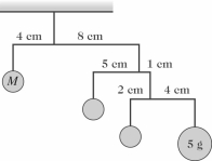 A mobile is shown in the figure.The horizontal supports have negligible mass.Assume that all the numbers given in the figure are accurate to two significant figures.What mass M is required to balance the mobile?   A) 18 g B) 30 g C) 36 g D) 60 g E) 90 g
