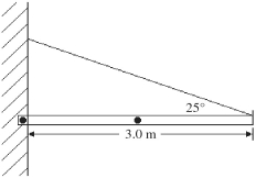 A store's sign has a mass of 20 kg and is 3.0 m long.It is uniform,so its center of gravity is at the center of the sign.It is supported horizontally by a small loose bolt attached to the wall at one end and by a wire at the other end,as shown in the figure.What is the magnitude of the net force that the bolt exerts on the sign?   A) 460 N B) 230 N C) 200 N D) 120 N E) 300 N