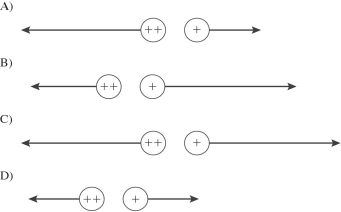 Two small identically charged balls are a certain distance apart.The vectors in the figure show the magnitude and direction of the electrostatic force on each ball due to the other one.Suppose that the charge on the left ball is now doubled (represented by two plus signs).Which vector diagram below best represents the forces that are now exerted on each of the two balls?