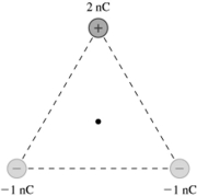 The three point charges shown in the figure form an equilateral triangle with sides 4.9 cm long.What is the electric potential (relative to infinity) at the point indicated with the dot,which is equidistant from all three charges? Assume that the numbers in the figure are all accurate to two significant figures.(k = 1/4πε<sub>0</sub> = 9.0 × 10<sup>9</sup> N ∙ m<sup>2</sup>/C<sup>2</sup>)    A) 0.00 V B) 1300 V C) 640 V D) 1900 V